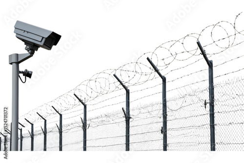 Modern prison fence and a pole with cameras monitor prisoners
