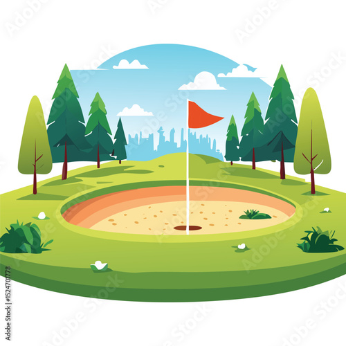 Flat Design Golf Course Vector Illustration