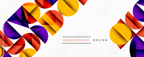 Abstract geometric shapes overlap, creating vibrant colorful background. Modern design features bold hues, dynamic composition.