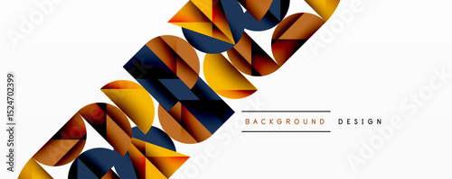 Abstract geometric shapes overlap, creating dynamic visual texture. Warm colors dominate, contrasted by cool tones. Modern design element.