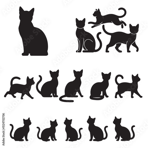 silhouettes of different cats in various poses including sitting walking and playing isolated on white background pet animal black vector illustration for design