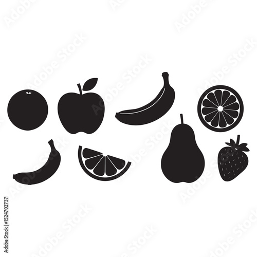 silhouettes of different fruits like apple banana pear orange and strawberry isolated on white background healthy food black vector design for fruit concept