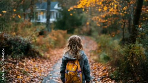 Little girl child walking home from school through autumn forest path  
