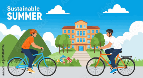 Sustainable Summer Travel Poster 2025 – Flat Vector Design for Eco-Friendly Vacation Campaigns