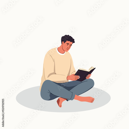Man sitting on floor with legs crossed reading a book flat vector