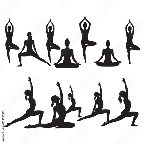 black silhouettes of women performing various yoga poses including tree pose warrior pose and meditation seated positions isolated on white background fitness and wellness concept
