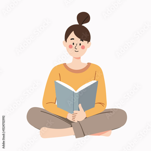 Flat vector of a woman sitting with legs crossed while reading book peacefully