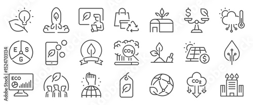 green startup icon set. It included business, eco, carbon offset, urban farming and more icons. Editable Vector Stroke.