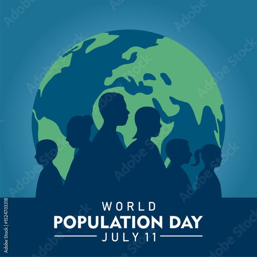 World Population Day on 11th July, banner or poster. Silhouette of diverse people in front of a globe. Vector Illustration
