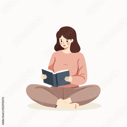 Young woman sitting cross-legged while reading a book in a cozy mood flat vector