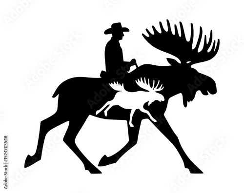 Cowboy riding moose with two deer silhouettes