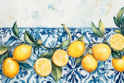 A Mediterranean-inspired border of watercolor lemons and blue and white patterned tiles, A decorative border of watercolor lemons and blue and white tiles