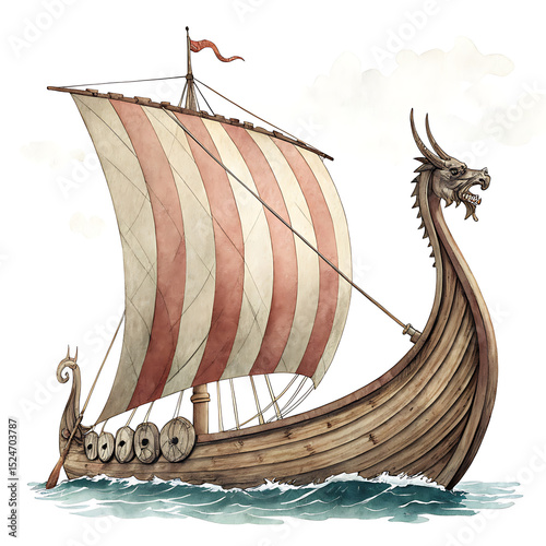 Watercolor Clipart of a Viking Longship A Dragon-Headed Boat Illustration