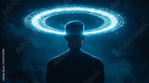Man with a glowing halo above his head symbolizing enlightenment and inner peace amidst a dark background.