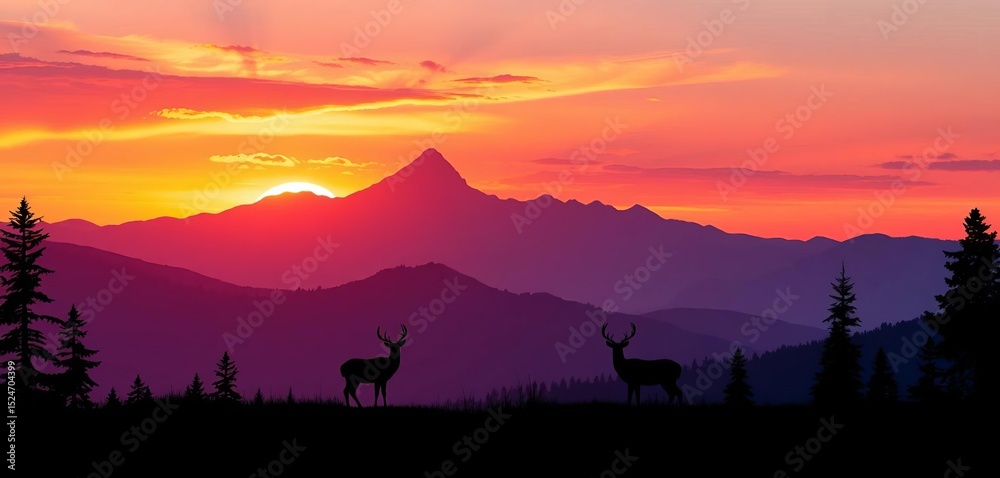 Naklejka premium Silhouette of mountains, trees, and two deer against a vibrant sunrise/sunset sky Vector landscape illustration, animals, landscape