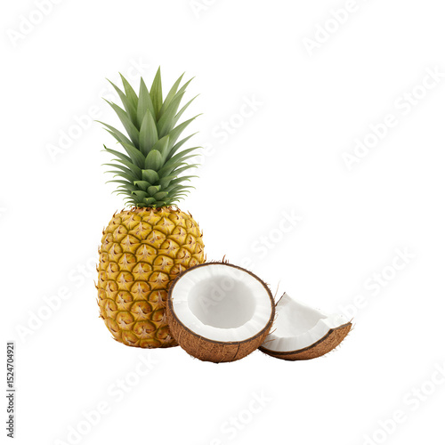 Tropical Delights: A vibrant pineapple stands tall beside a fresh, halved coconut with a delectable chunk, offering a taste of paradise