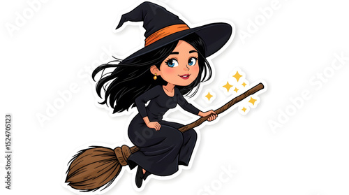 A cute young witch flying joyfully on her magical broomstick. With flowing black hair and sparkling blue eyes, she wears a classic black witch outfit complete with a pointed hat accented by an orange 