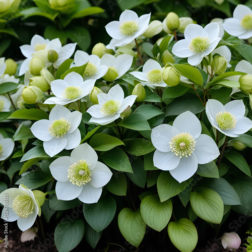 A helleborus bush with white flowers blooms in a flowerbed.