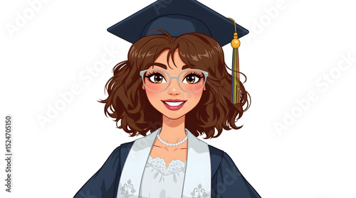 cartoon illustration features a confident young woman dressed in graduation attire, including a classic blue academic cap and gown with a golden stole.  vector design