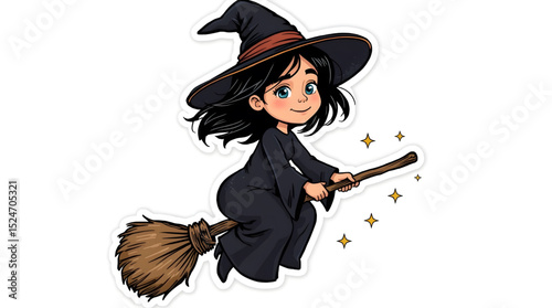 A cute young witch flying joyfully on her magical broomstick. With flowing black hair and sparkling blue eyes, she wears a classic black witch outfit complete with a pointed hat accented by an orange 