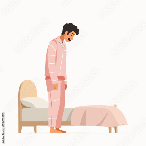 Flat illustration of man checking bed or making bed after waking up