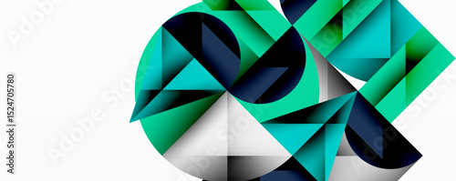 Abstract geometric shapes, teal hues dominate. Triangles form circular, angular patterns. Minimalist design, modern aesthetic. Clean lines, crisp edges.