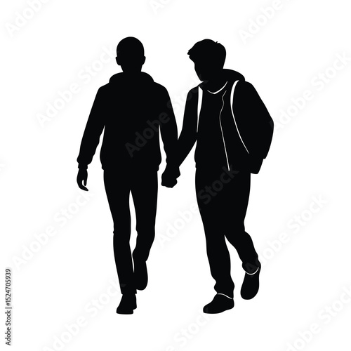 Two friends walking side by side silhouette on white background simple flat vector