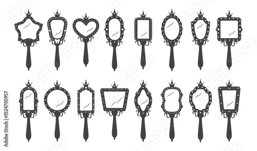 Princess mirror. Set of Baby hand mirror with different black borders. Antique party elements with crowns. Vector illustration in flat cartoon style.