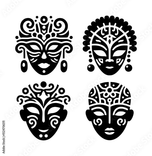 Set of four ornate tribal masks vector illustration
