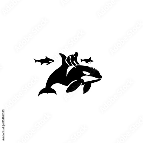 Silhouette of orca whale with rider and fish