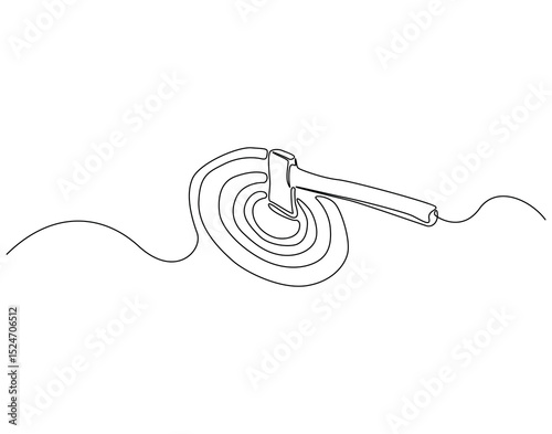 Continuous line drawing of axe throwed in target. Single line illustration of axe throwing. International axe throwing day concept line art. Editable outline