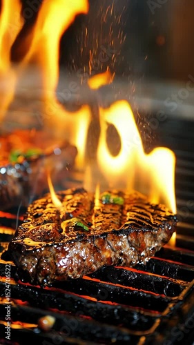Sizzling beef steaks grilled over vibrant flames, showcasing mouthwatering caramelization and juicy textures. Perfect for culinary enthusiasts and food lovers.