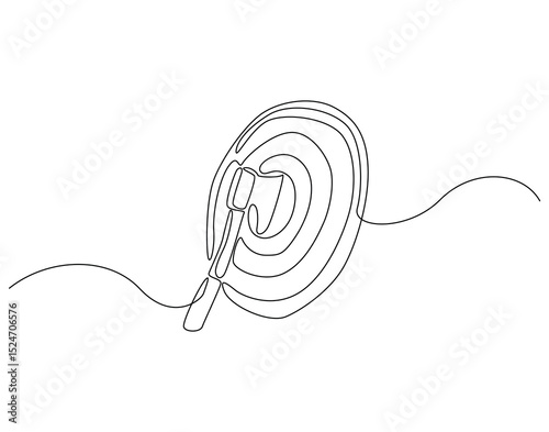 Continuous line drawing of axe throwed in target. Single line illustration of axe throwing. International axe throwing day concept line art. Editable outline