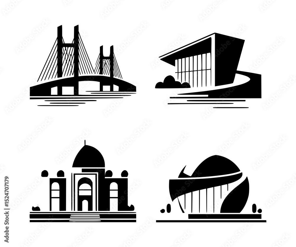 Fototapeta premium Black and white icons of famous architectural landmarks