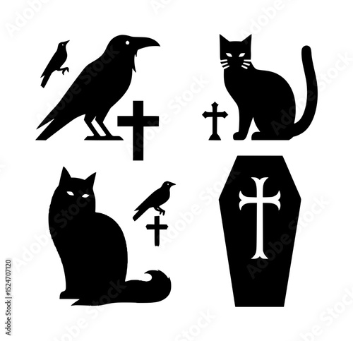 Halloween black cat raven cross coffin silhouettes