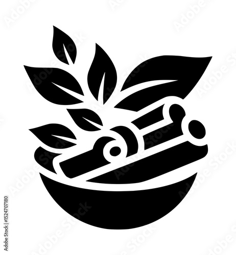 Cinnamon sticks and leaves in bowl icon