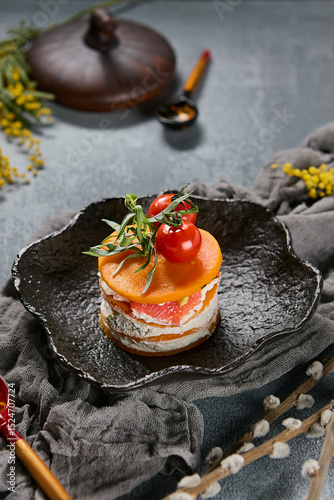 Pumpkin mille-feuille with tofu, vibrant lighting, rustic tabletop presentation