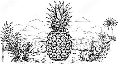Tropical pineapple sketch landscape background
