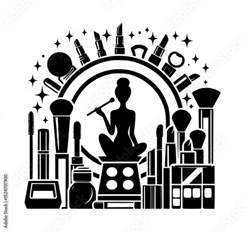 Makeup artist silhouette with cosmetics