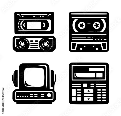 Retro technology icons cassette player boombox computer vcr