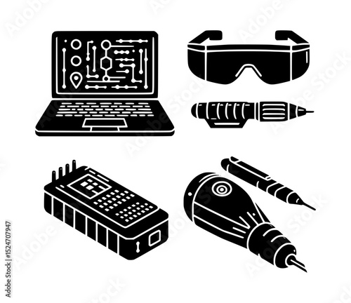 Technology icons set laptop safety glasses precision tools