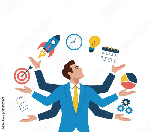 Multitasking Businessman with Productivity and Innovation Icons