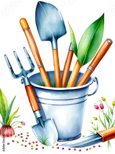 Watercolor Gardening tools, metal bucket isolated on white background. Garden tool Hand painted illustration. Gardener instrument