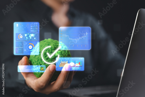 A business leader in a green office uses a virtual interface to analyze performance, choosing an efficient workflow that promotes environmental sustainability and corporate responsibility