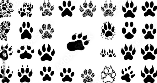 Animal paw prints, ink splatters, white background, design elements
