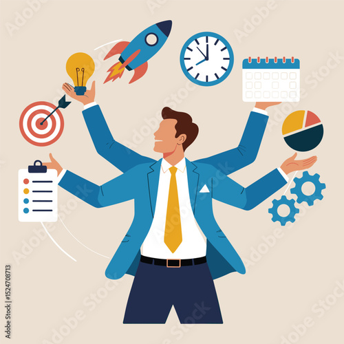 Multitasking Businessman with Productivity and Innovation Icons