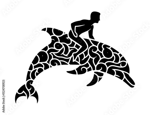 Ornate dolphin with rider silhouette