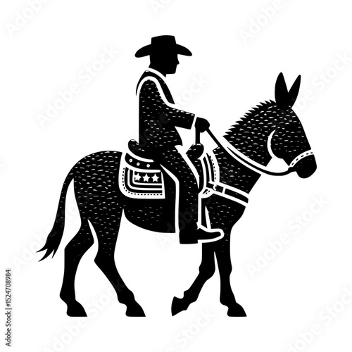 Silhouette of cowboy riding donkey
