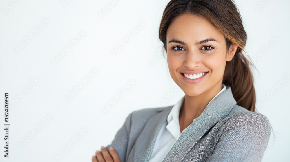 Portrait of a smiling woman with arms crossed wearing a gray blazer against white background studio shot Portrait of a smiling woman with arms crossed wearing a gray blazer against white background studio shot