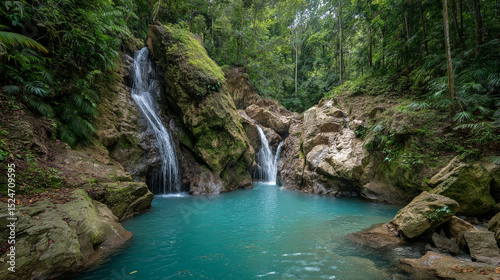 A scenic view of waterfalls cascading into a turquoise pool surrounded by lush greenery rocks and trees